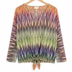 Chico's Women's L 12/14 Boho Glam Festival Artsy Metallic Tie Front Knit Top